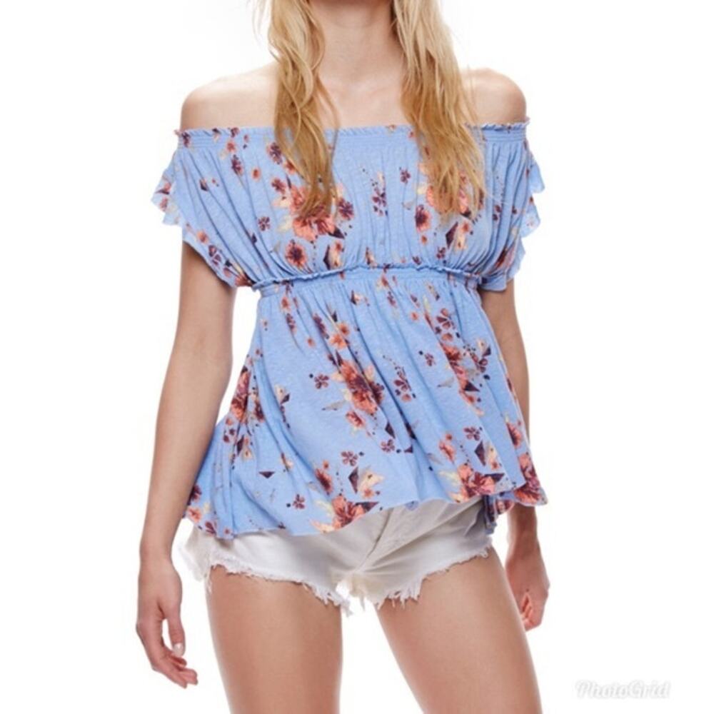 We The Free Linen Blend Smocked Off Shoulder Top M